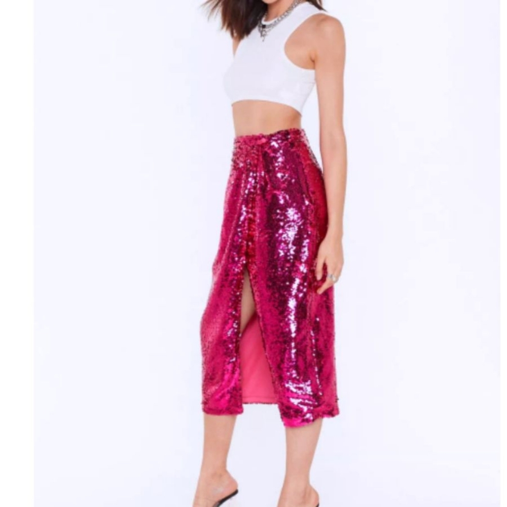 Nasty Gal Hot Pink Sequin Wrap Midi Skirt